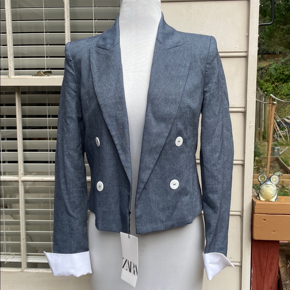 NWT- Zara Chambray Double-Breasted Blazer Size XS